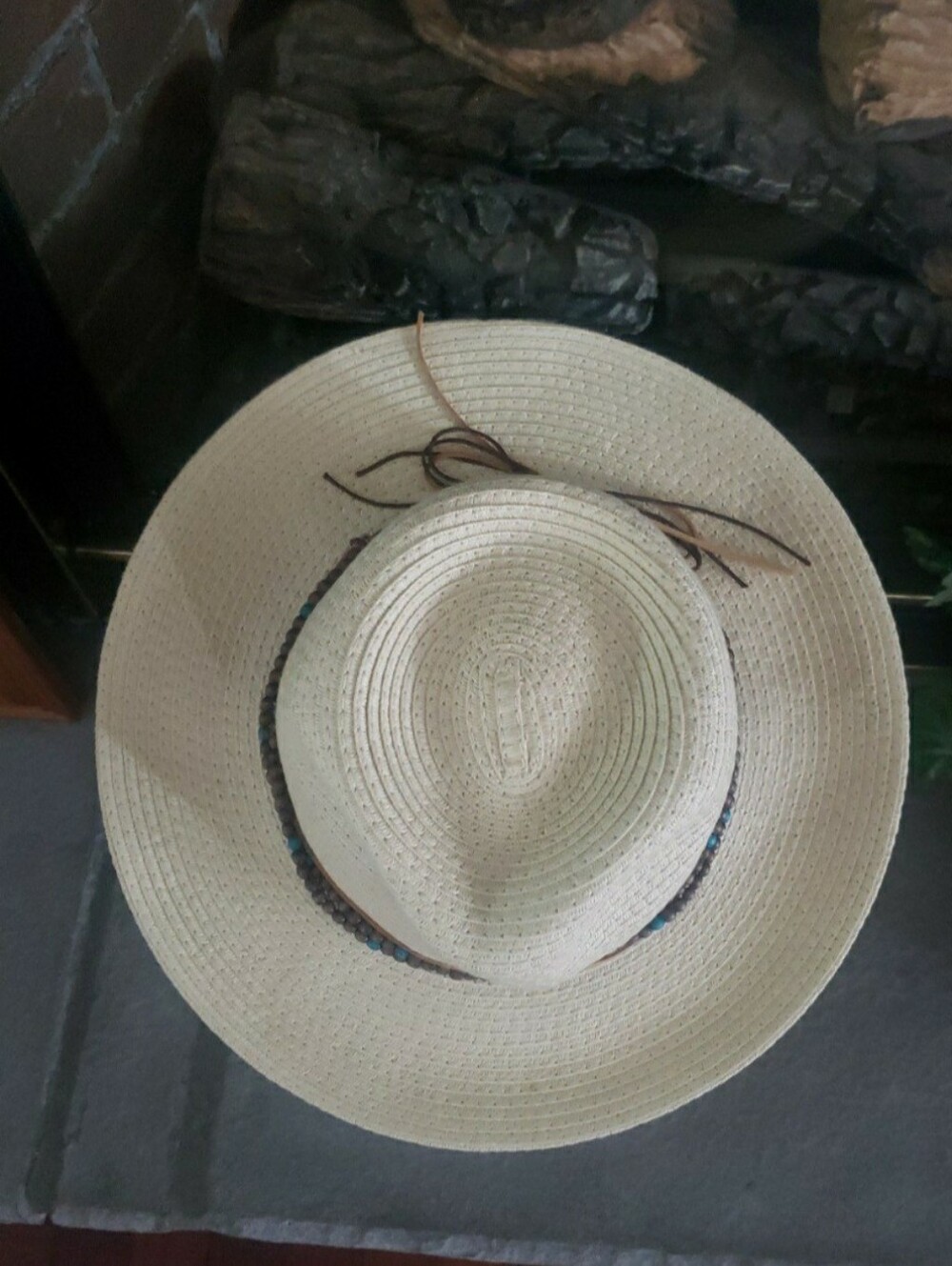 Wide Brim Straw Sun Hat with Beaded Trim